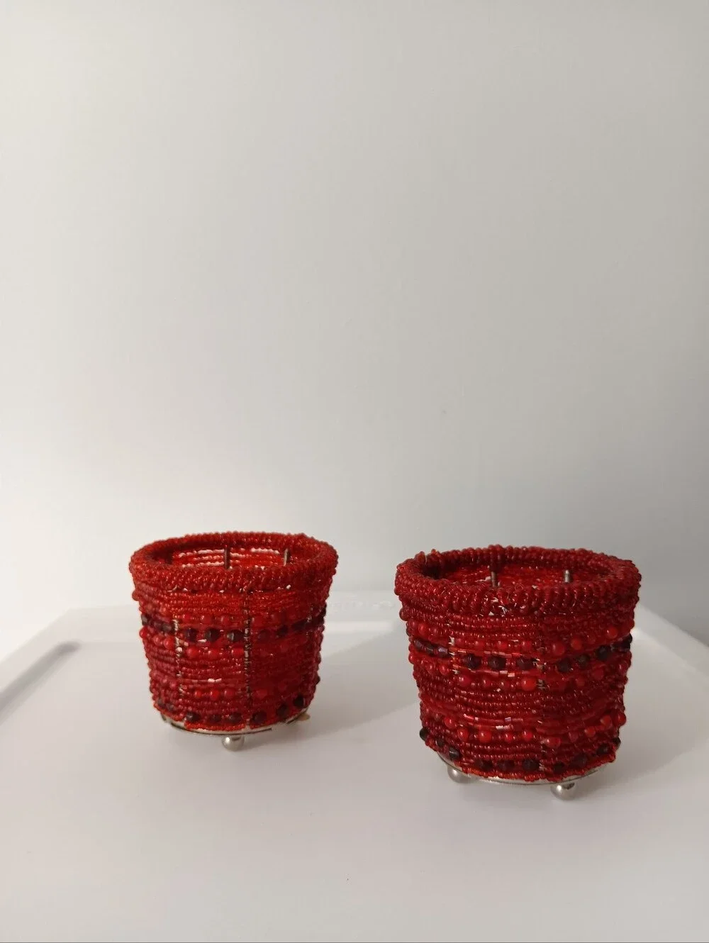 Pottery Barn Sunset Beaded Red Tealight Votive Candle Holders Set of 2 Silver 2